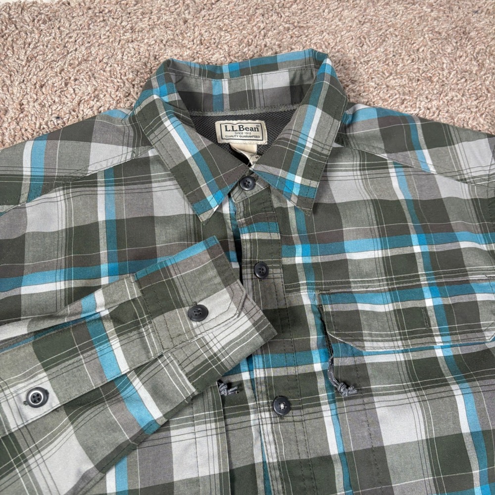 LL Bean Mens M Tall Plaid Fishing Shirt Green Blue Long Sleeve Button Up 291684